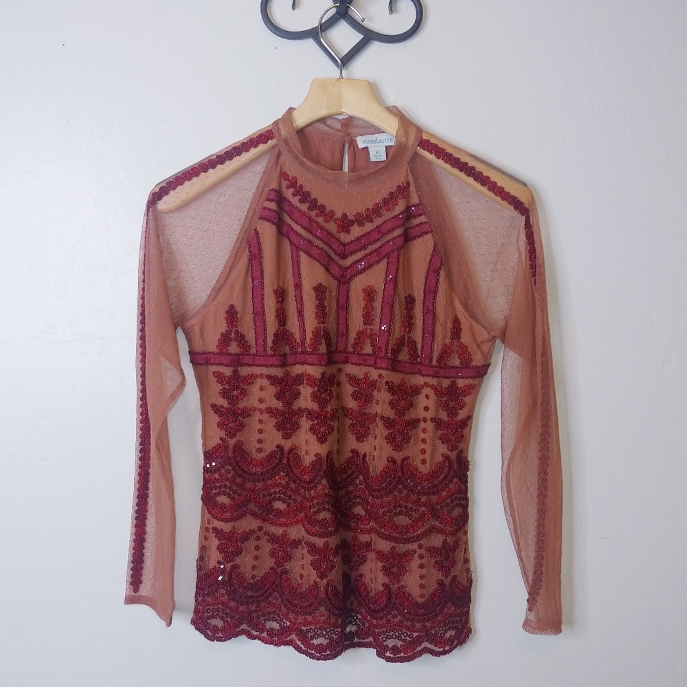 SUNDANCE jourdan Sequins & embroidered lace top